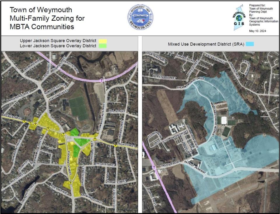Weymouth's MBTA multifamily housing zoning overlay districts cover the town's portion of Union Point and Jackson Square.