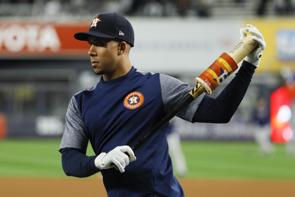 Houston Astros left fielder Michael Brantley prepares to take batting practice before Game 4 of baseball's American League Championship Series against the New York Yankees Thursday, Oct. 17, 2019, in New York. (AP Photo/Matt Slocum)