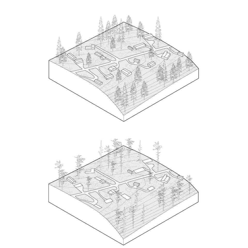 Incentivized relocating can be used in severe risk areas by subsidizing the movement of some people out of wildfire’s way. The illustrations show what before and after might look like. Emily Schlickman