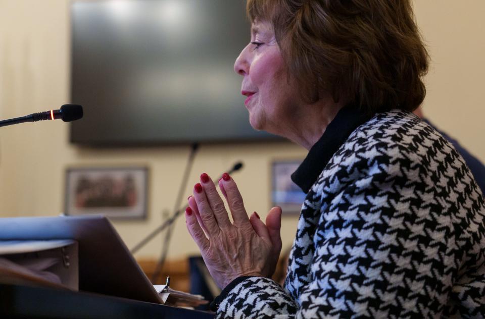 Sen. Linda Rogers, who is authoring Senate Bill 369, speaks about on AEDs on the premise of sporting events during a Senate Family and Children Services committee meeting Monday, Feb. 6, 2023, at the Indiana Statehouse.