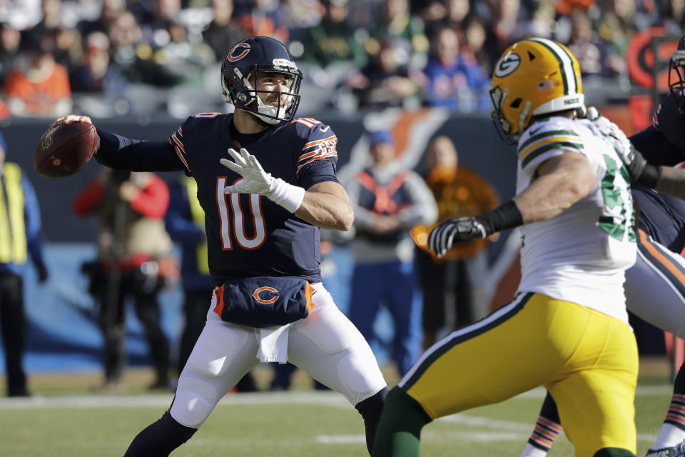 Chicago Bears quarterback Mitchell Trubisky (10) passes during the first half of an NFL football game against the Green Bay Packers Sunday, Dec. 16, 2018, in Chicago. (AP Photo/Nam Y. Huh)