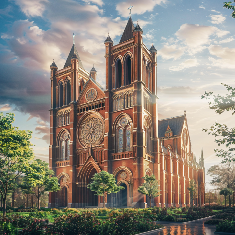 Gothic cathedral with twin spires surrounded by trees in daylight