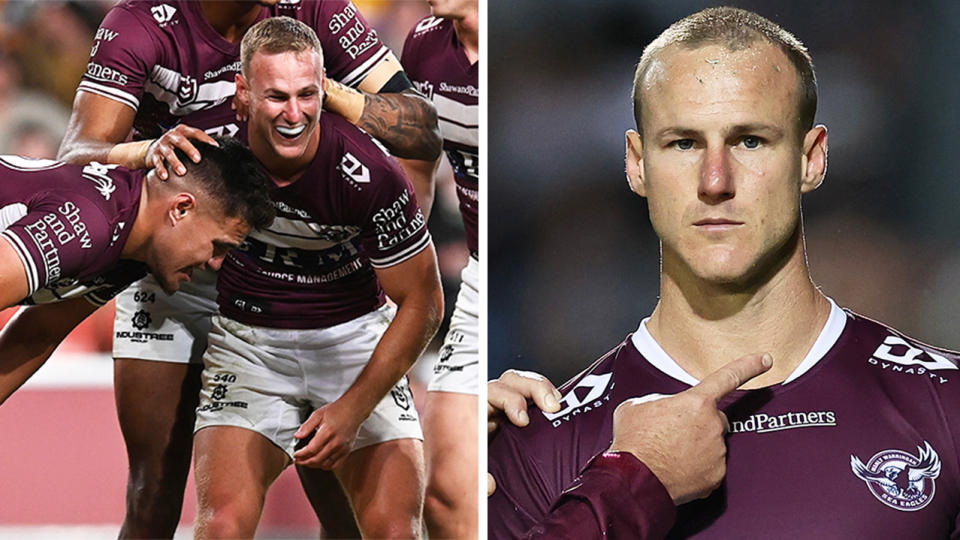 Daly Cherry-Evans celebrates with his teammates and Cherry-Evans reacting during a game.