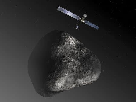 A handout image of an artist's impression, not to scale, of the Rosetta orbiter deploying the Philae lander to comet 67P/Churyumov-Gerasimenko, released by the European Space Agency (ESA) on December 3, 2013. REUTERS/ESA–C. Carreau/ATG medialab/Handout via Reuters