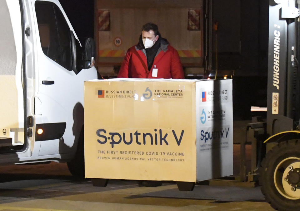 Russia's Sputnik V coronavirus vaccine arrives at Kosice Airport, Slovakia, Monday March 1, 2021. Hard-hit Slovakia signed a deal to acquire 2 million dozes of Russia’s Sputnik V coronavirus vaccine. The country's prime minister says Slovakia will get one million shots in next two months while another million will arrive in May and June. (Frantisek Ivan/TASR via AP)