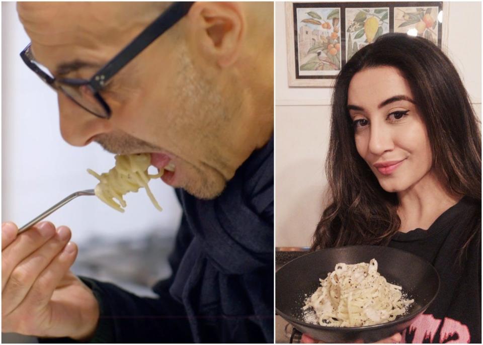 Stanley Tucci eating cacio e pepe in "Searching for Italy" (left); cheese and pepper spaghetti recreated by the author (right.)