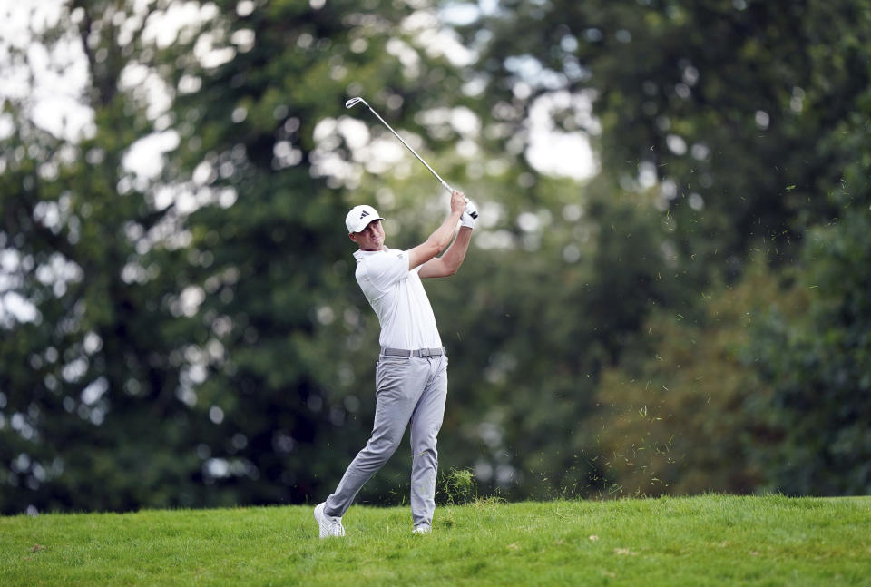 Ludvig Aberg in action on the 1st during day two of the 2023 PGA Championship at Wentworth Golf Club in Virginia Water, Surrey, England, Friday, Sept. 15, 2023. (Zac Goodwin/PA via AP)