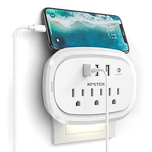 USB Wall Charger Outlet Extender, KPSTEK Multi Plug Outlet Splitter Adapter with 3 USB Ports and Night Light, Home Office Accessories with 900J, White – KS169