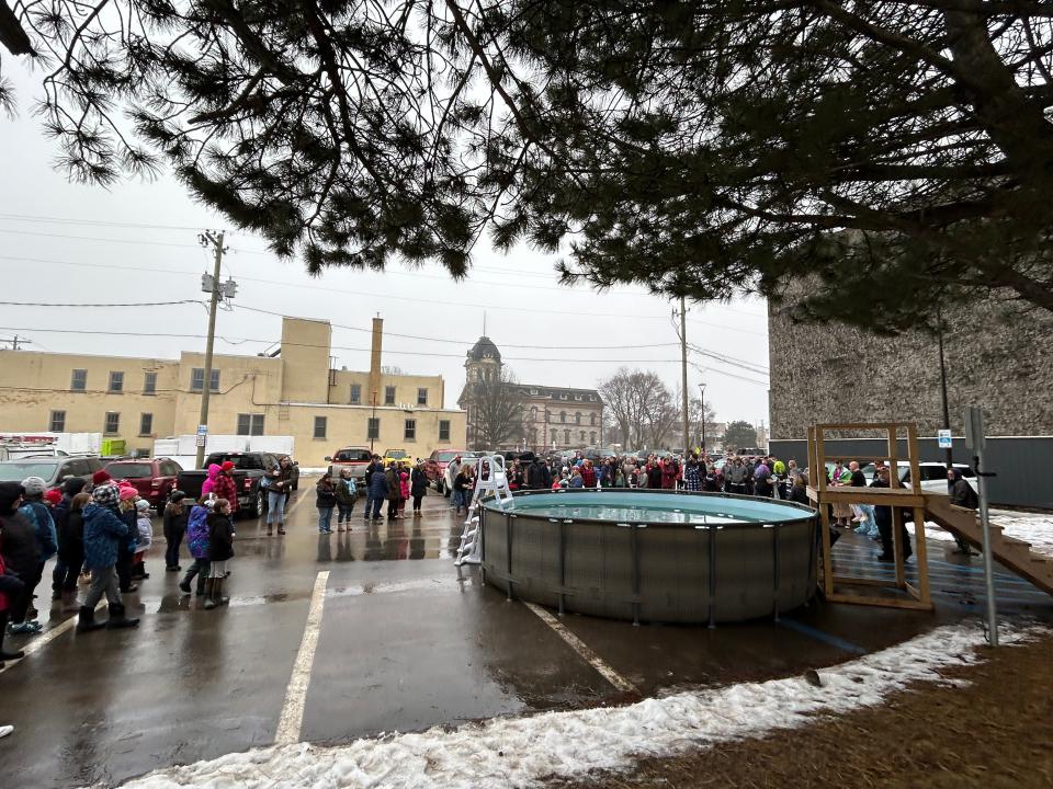 People gather outside Three One Three in Sault Ste. Marie on Saturday, Jan. 27, 2024 for the Polar Plunge fundraiser.
