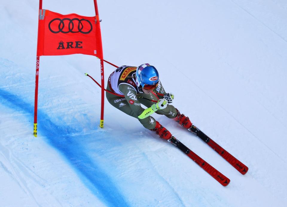 United States' Mikaela Shiffrin competes on her way to win the women's super G at the alpine ski World Championships, in Are, Sweden, Tuesday, Feb. 5, 2019. (AP Photo/Gabriele Facciotti)