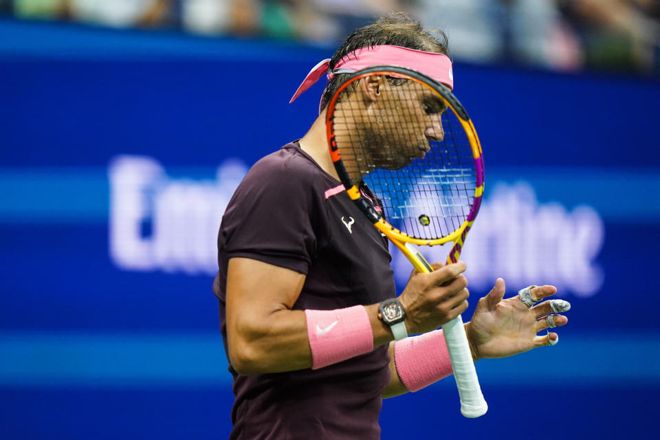 Rafael Nadal, of Spain, reacts after missing a shot against Fabio Fognini, of Italy, during the second round of the U.S. Open tennis championships, Thursday, Sept. 1, 2022, in New York. (AP Photo/Frank Franklin II)