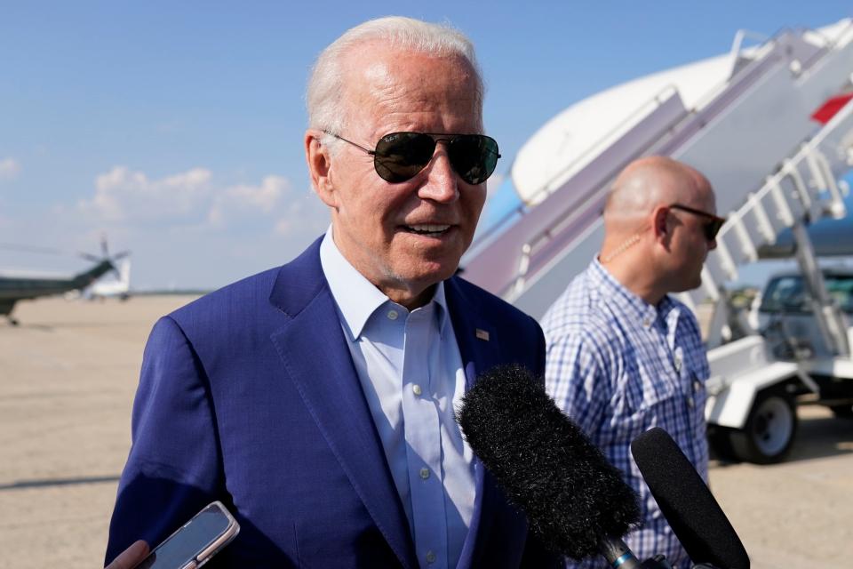 President Joe Biden speaks to members of the media after exiting Air Force One, on July 20, 2022, at Andrews Air Force Base, Maryland. Biden tested positive for COVID-19 on Thursday.