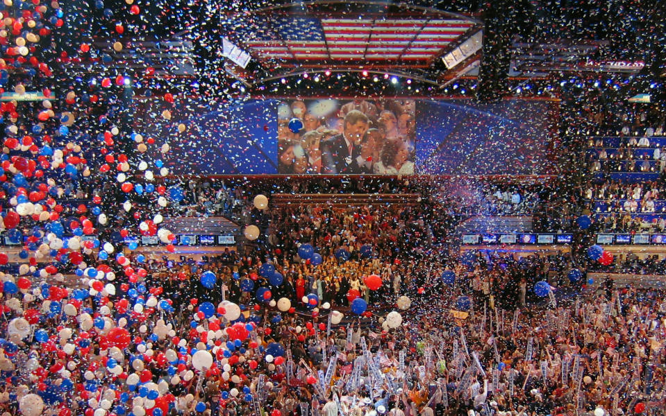 The 2004 Democratic National Convention in Boston as balloons cover the delegates.