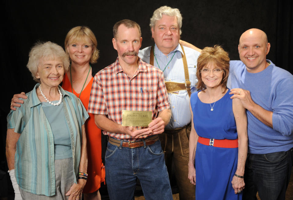 LOS ANGELES, CA - JULY 19:  Cast of Willy Wonka (LtoR) Diana Sowle, Julie Dawn Cole, Peter Ostrum, Michael Bollner, Denise Nickerson and Paris Themmen  at the The Hollywood Show held at Westin Los Angeles Airport on July 19, 2014 in Los Angeles, California.  (Photo by Albert L. Ortega/Getty Images)