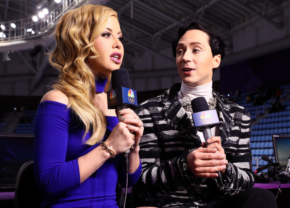 Figure skating announcers Tara Lipinski and Johnny Weir at the 2018 Pyeongchang 2018 Winter Olympics