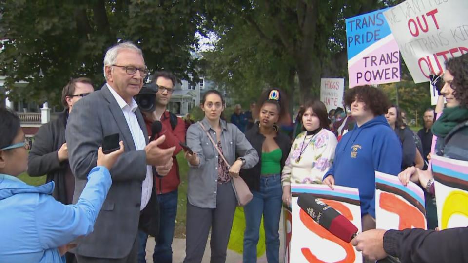 Premier Blaine Higgs met with pro-LGBT policy protesters who showed up outside a Progressive Conservative Party fundraising event Wednesday.