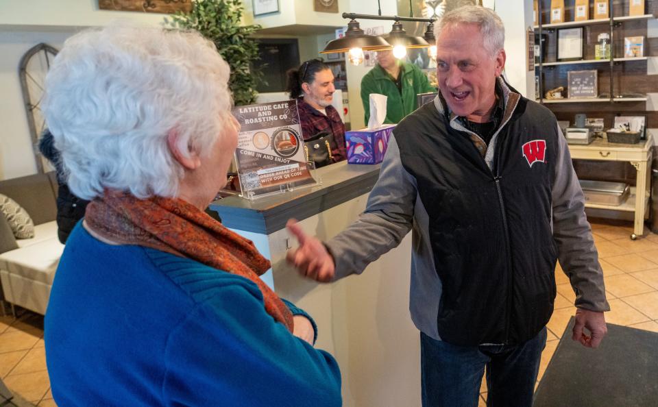 State Sen. Dan Knodl, right, (R-Germantown) talks with a woman at Latitude Café Roasting Co. Thursday, February 29, 2024 in Germantown, Wisconsin. Knodl said he plans to run for the Assembly District currently held by Republican state Rep. Janel Brandtjen in the Menomonee Falls area.