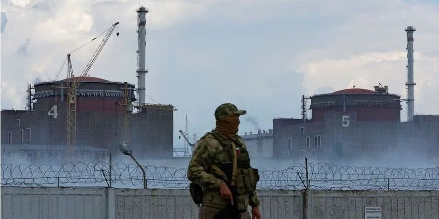 A Russian soldier near the occupied Zaporizhzhya Nuclear Power Plant