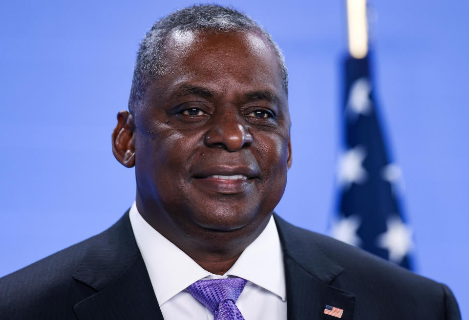 United State Secretary of Defense Lloyd Austin poses for photographers as he arrives at NATO headquarters in Brussels, Wednesday, April 14, 2021. (Kenzo Tribouillard, Pool via AP)