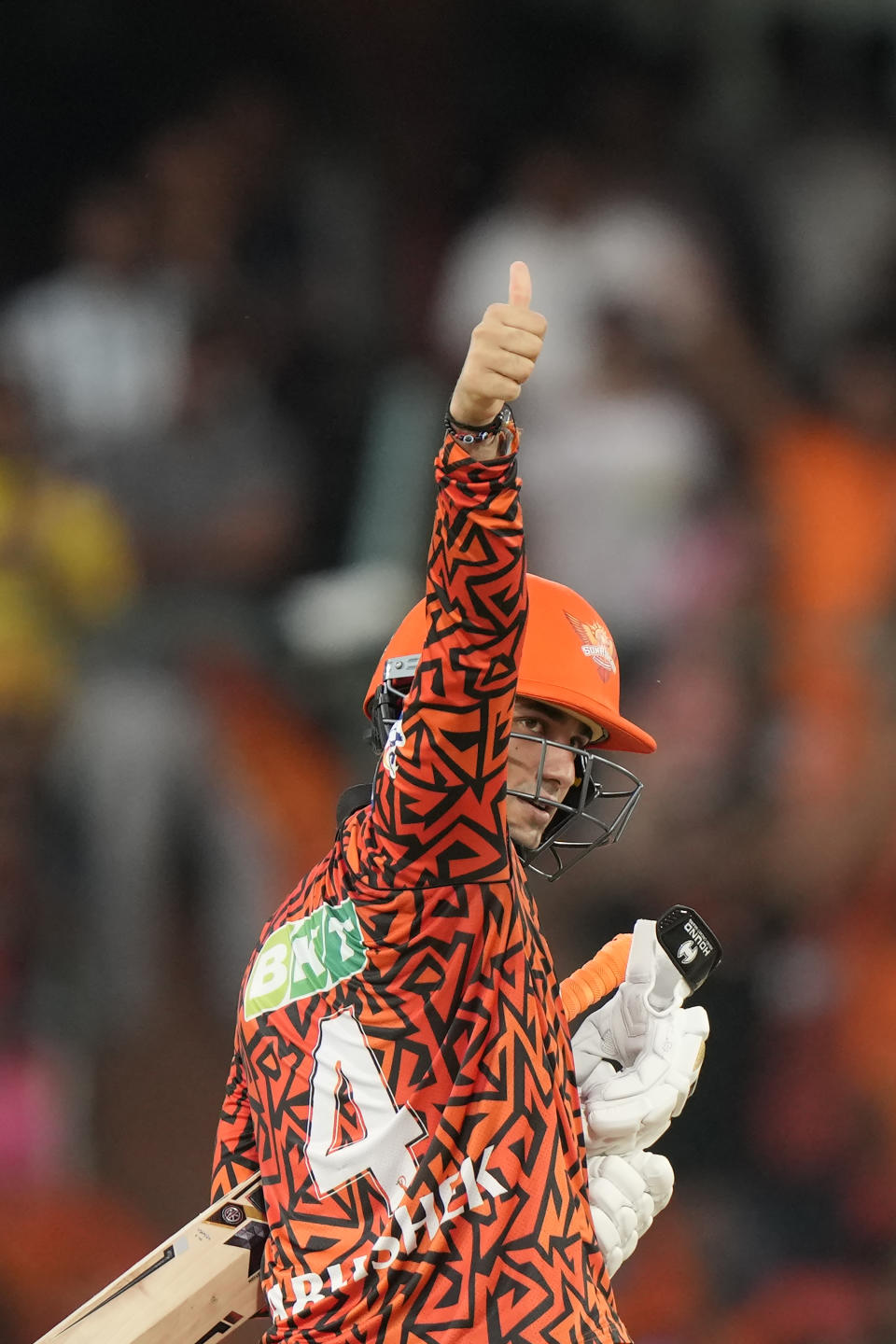 Sunrisers Hyderabad's Abhishek Sharma celebrates after scoring fifty runs during the Indian Premier League cricket match between Sunrisers Hyderabad and Punjab Kings in Hyderabad, India, Sunday, May19, 2024. (AP Photo/Mahesh Kumar A.)