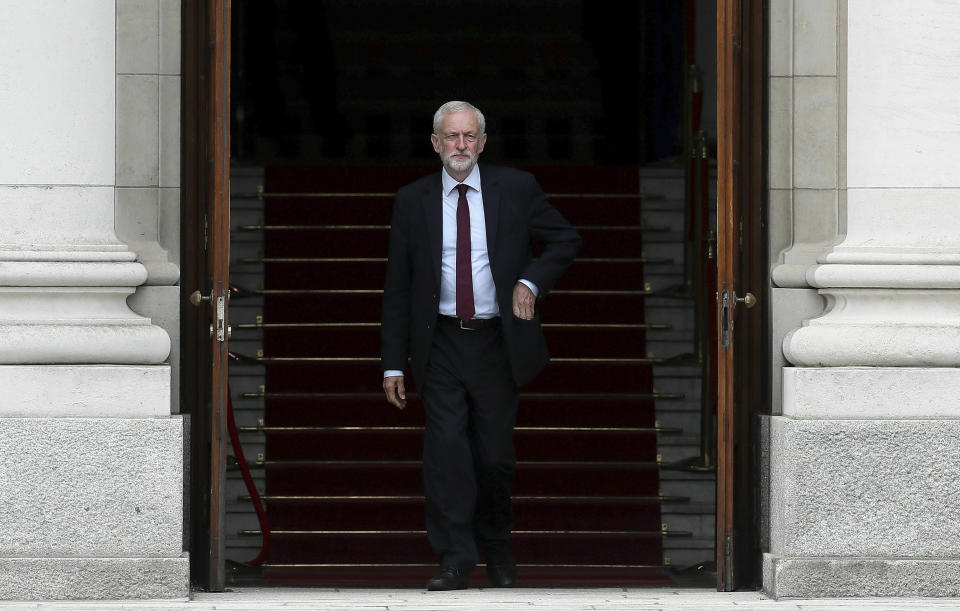 Labour Party leader Jeremy Corbyn leaves the Government Buildings in Dublin following a meeting with Taoiseach Leo Varadkar as part of a visit to Ireland, Thursday May 30, 2019. (Brian Lawless/PA via AP)