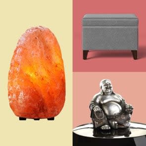 Grid of three items from the article: a crystal, ottoman, and buddha statue