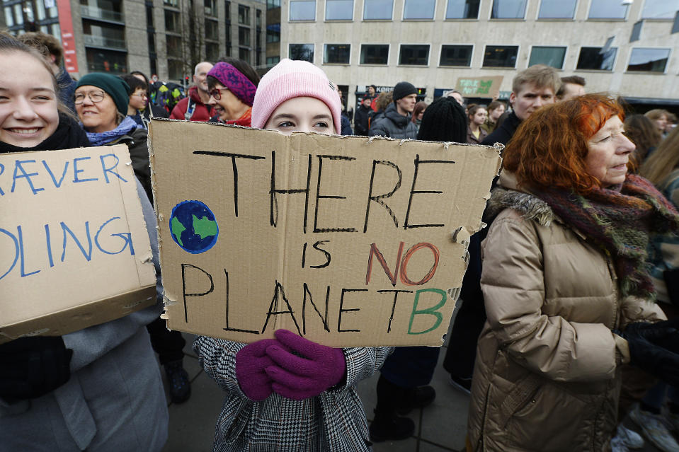 Students take part in a protest against climate change, in Aarhus, Denmark, Friday, March 15, 2019. Students in cities worldwide skipped classes Friday in protest over their governments' failure to act against global warming. (Henning Bagger/Ritzau Scanpix via AP)