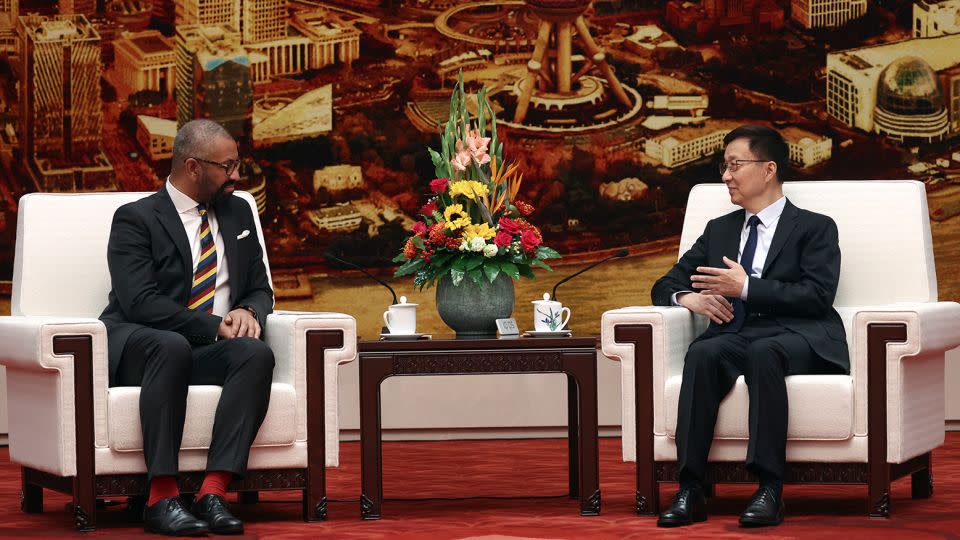 British Foreign Secretary James Cleverly, left, and Chinese Vice President Han Zheng attend a meeting at the Great Hall of the People in Beijing, China Wednesday, August 30, 2023.  - Florence Lo/AP