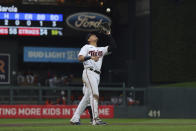 Minnesota Twins third baseman Gio Urshela catches a fly ball hit by Detroit Tigers' Jonathan Schoop during the fourth inning of a baseball game Wednesday, May 25, 2022, in Minneapolis. (AP Photo/Stacy Bengs)