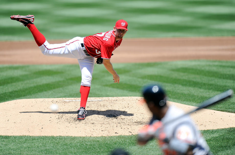 WASHINGTON, DC - MAY 20: Stephen Strasburg #37 of the Washington Nationals pitches against the Baltimore Orioles at Nationals Park during interleague play on May 20, 2012 in Washington, DC. (Photo by Greg Fiume/Getty Images)