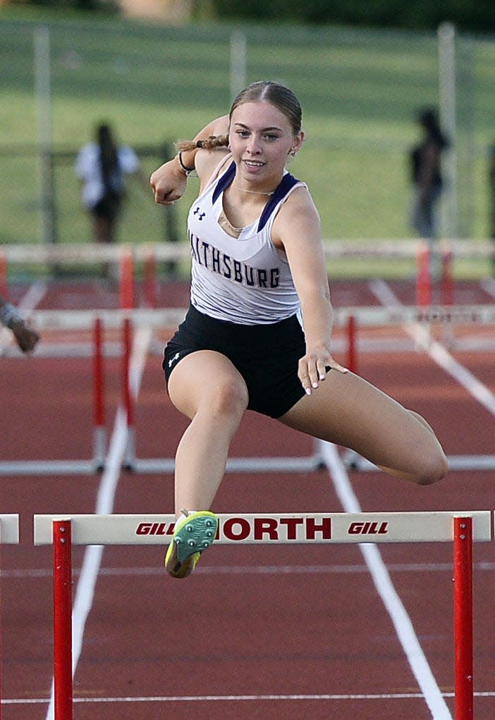 Smithsburg's Taylor King races to victory in the girls 300-meter hurdles during the Washington County Track & Field Championships.