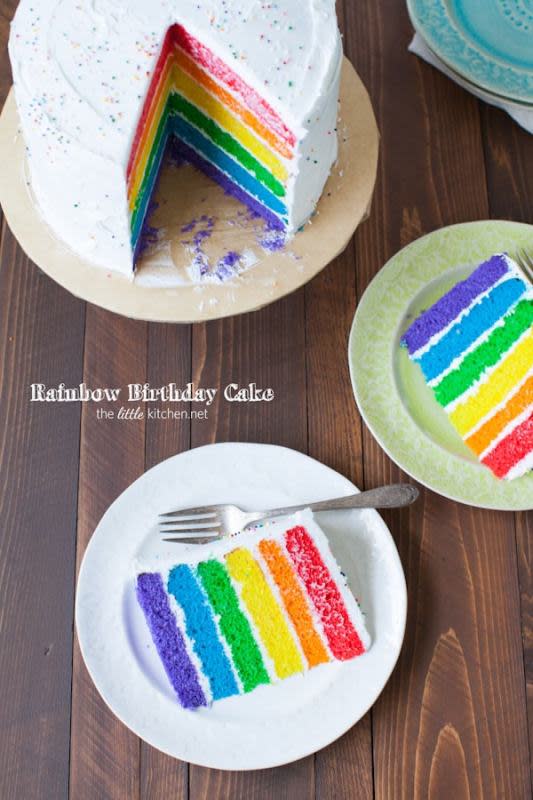 <p>It's actually easier to put a rainbow cake together than it looks, there are step by step photos to help you make your first rainbow cake!</p><p><strong>Get the recipe: <a href="https://www.thelittlekitchen.net/rainbow-birthday-cake/" rel="nofollow noopener" target="_blank" data-ylk="slk:Rainbow Birthday Cake;elm:context_link;itc:0;sec:content-canvas" class="link "><em>Rainbow Birthday Cake</em></a></strong></p>