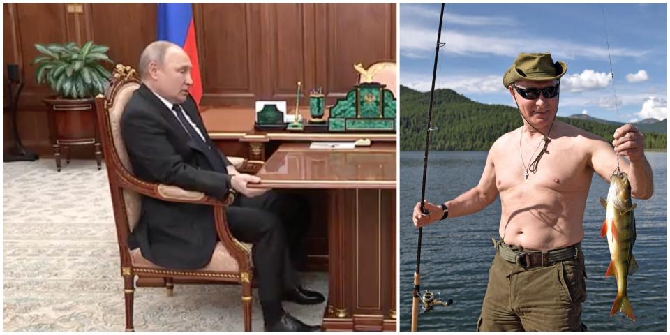 Left: President Vladimir Putin grips the table uncomfortably in April 2022 meeting, while right, Putin shirtless in 2017 while holding up a freshly caught fish