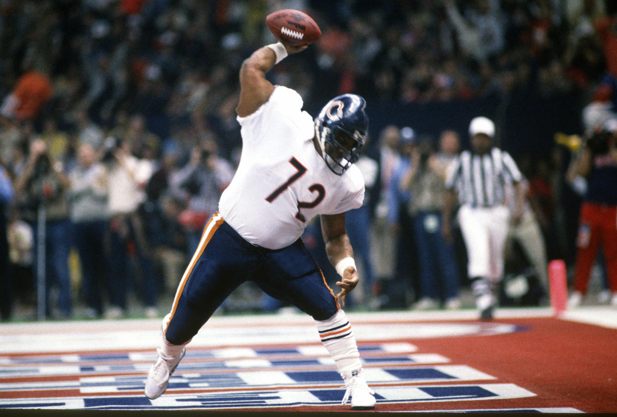 William Perry celebrates after scoring a touchdown against the New England Patriots during Super Bowl XX. (Photo by Focus on Sport/Getty Images)