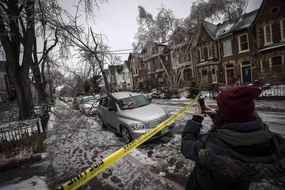 A woman takes a picture of a car that was hit by a fallen frozen tree limb that is hanging on a power line during an ice storm in Toronto, December 22, 2013. REUTERS/Mark Blinch (CANADA - Tags: ENVIRONMENT)