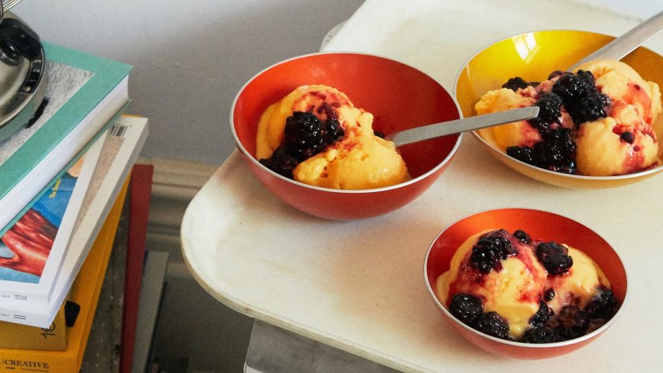 You could sneak a donut peach into this peach lassi sorbet.