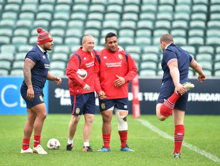 The British and Irish Lions' players Kyle Sinckler (L), Mako Vunipola (2nd R), and Ken Owens (R) take part in the captain's run ahead of their first rugby union Test match against New Zealand, in Auckland, on June 23, 2017