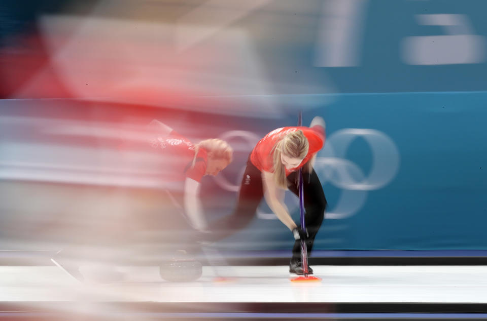 <p>Britain’s Lauren Gray, right, sweeps ice with teammate Anna Sloan during their women’s curling match against United States at the 2018 Winter Olympics in Gangneung, South Korea, Thursday, Feb. 15, 2018. (AP Photo/Aaron Favila) </p>