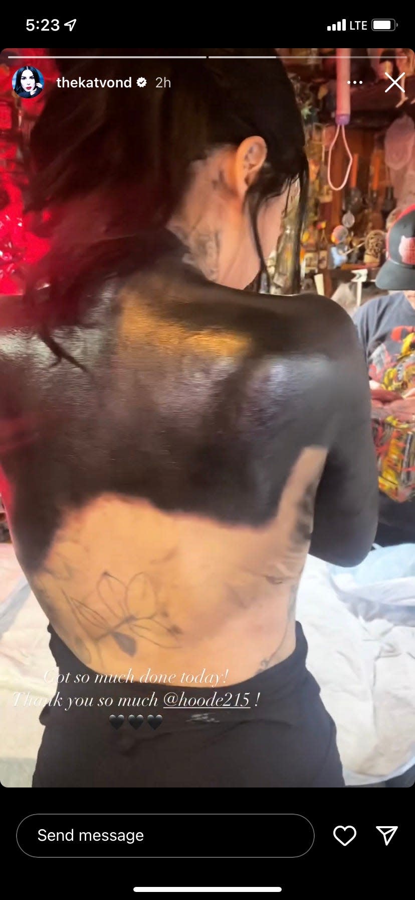 Kat Von D shows her covered back tattoos in an Instagram story.