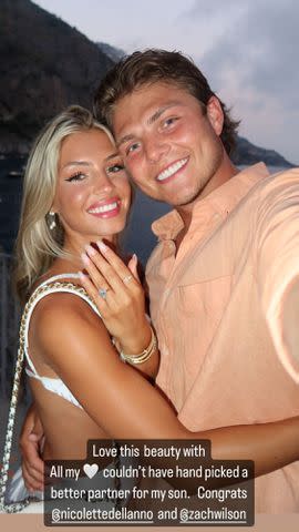 <p>Lisa Wilson/Instagram</p> Lisa Wilson's Instagram Stories post of son Zach Wilson (right) and his fiancée Nicolette Dellanno