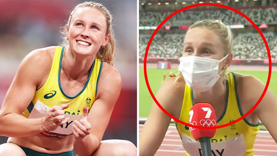 Riley Day (pictured left) excited after her 200m race at the Tokyo Olympics and (pictured right) sharing a laugh during an interview on the track.