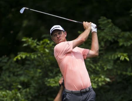 May 26, 2018; Fort Worth, TX, USA; Justin Rose plays his shot from the eighth tee during the third round of the Fort Worth Invitational golf tournament at Colonial Country Club. Mandatory Credit: Jerome Miron-USA TODAY Sports