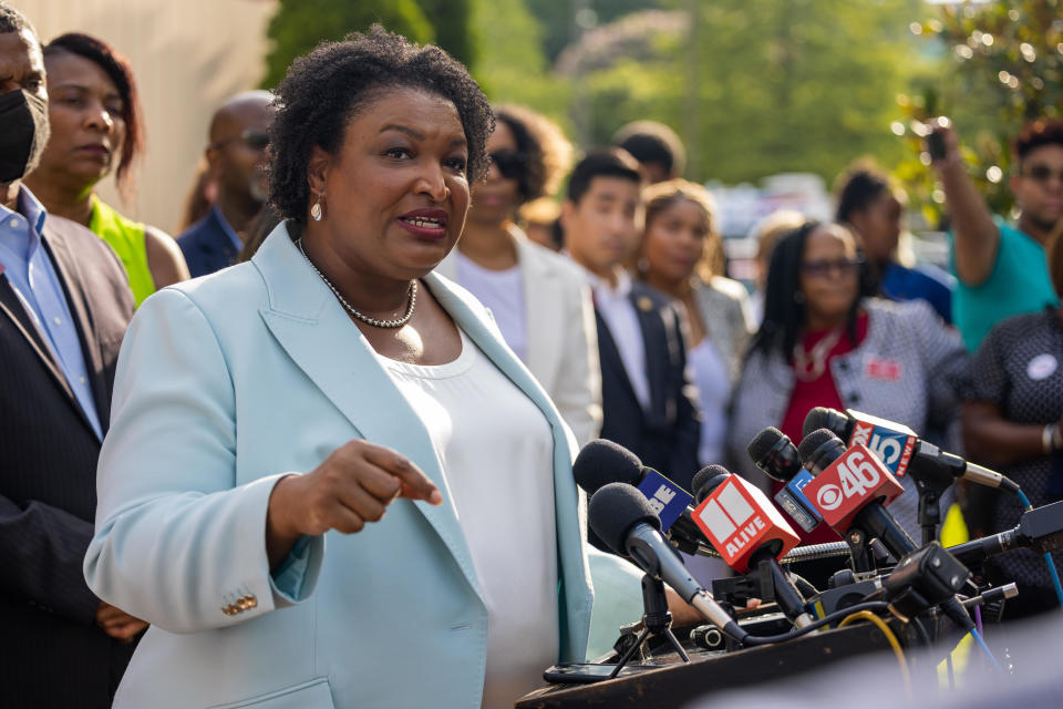 ATLANTA, GEORGIA, U.S. - JULY 20: Georgia gubernatorial candidate Stacey Abrams speaks to the press after GeorgiaÃ¢s abortion ban was instated by a judge in Atlanta, Georgia, United Sates on July 20, 2022. / Credit: Nathan Posner/Anadolu Agency via Getty Images