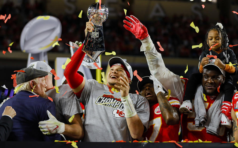 Kansas City Chiefs quarterback Patrick Mahomes holds the Vince Lombardi Trophy after winning Super Bowl LIV against the San Francisco 49ers, 31-20, at Hard Rock Stadium in Miami Gardens, Fla., on Sunday, Feb. 2, 2020. The Chiefs won, 31-20. (Charles Trainor Jr./Miami Herald/Tribune News Service via Getty Images)