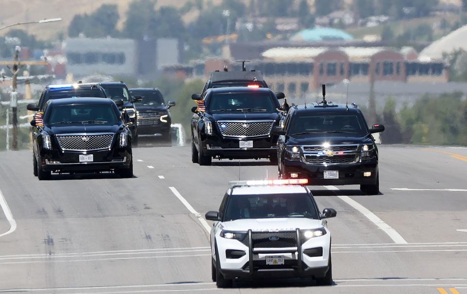 A motorcade escorts President Joe Biden on Foothill Drive in Salt Lake City, traveling from the George E. Wahlen Department of Veterans Affairs Medical Center to Park City, on Thursday, Aug. 10, 2023. | Kristin Murphy, Deseret News