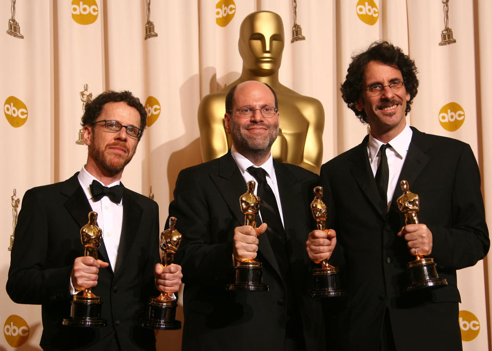 Producers Ethan Coen, Scott Rudin and Joel Coen pose in the press room during the 80th Academy Awards at the Kodak Theatre in February 2008 in Los Angeles. (Photo: Steve Granitz via Getty Images)