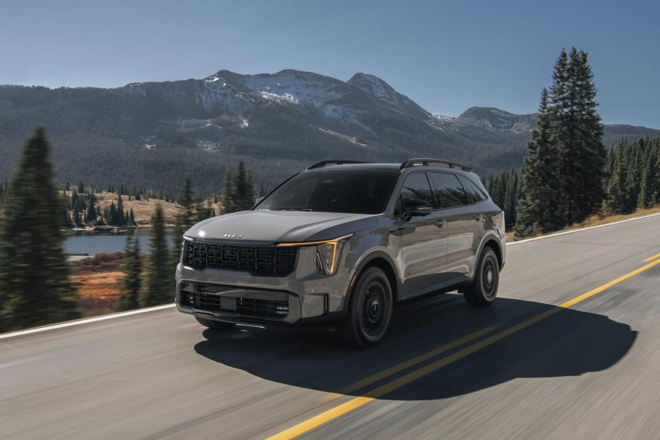 This photo provided by Kia shows the 2024 Kia Sorento. The Sorento is a bit smaller than the typical midsize three-row SUV but in return gets an EPA-estimated 26 mpg combined from its base engine. (Courtesy of Kia America via AP)