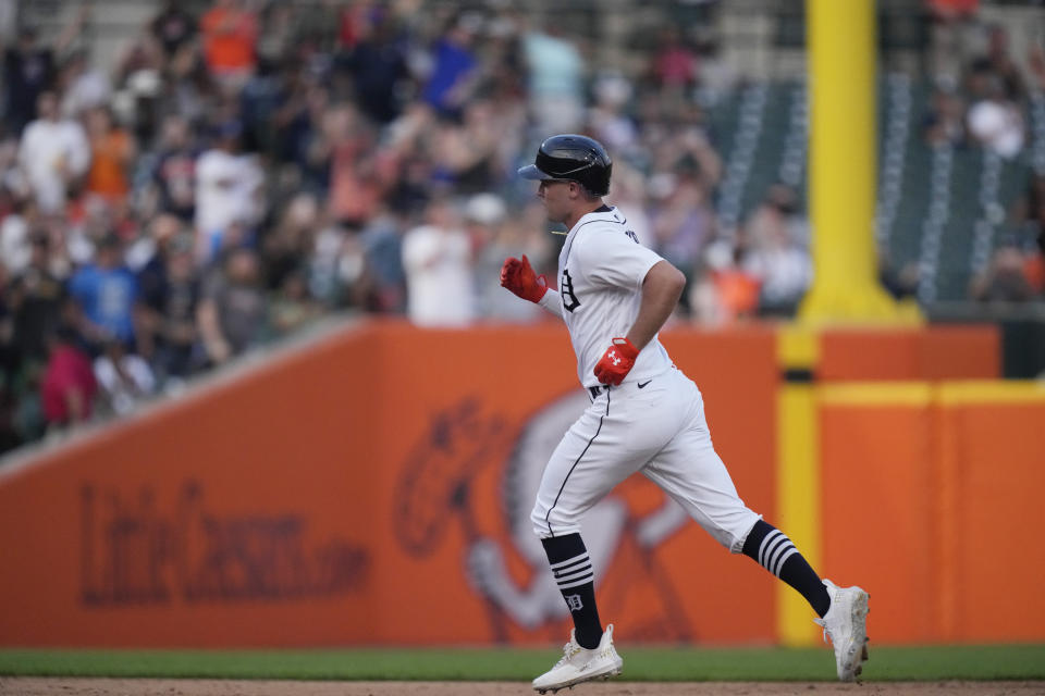 Detroit Tigers' Kerry Carpenter rounds the bases after his three-run home run during the seventh inning of a baseball game against the Kansas City Royals, Monday, June 19, 2023, in Detroit. (AP Photo/Carlos Osorio)