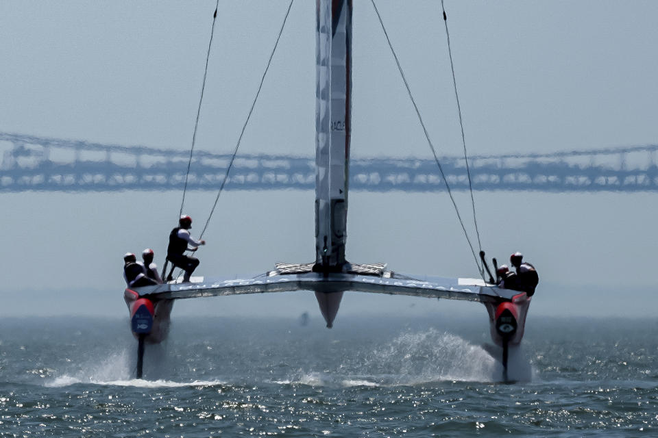 Members of the Canada SailGP Team practice racing ahead of the New York Sail Grand Prix, Friday, June 21, 2024, in New York. (AP Photo/Julia Nikhinson)