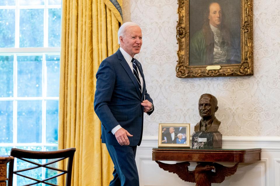 President Joe Biden leaves after signing the American Rescue Plan, a coronavirus relief package, in the Oval Office of the White House, Thursday, March 11, 2021, in Washington.